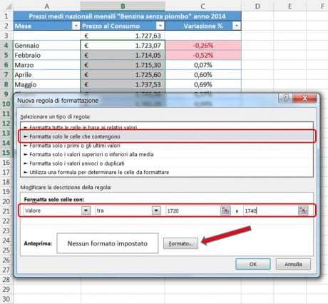 Selezionate il tipo di regola di formattazione e specificate i valori