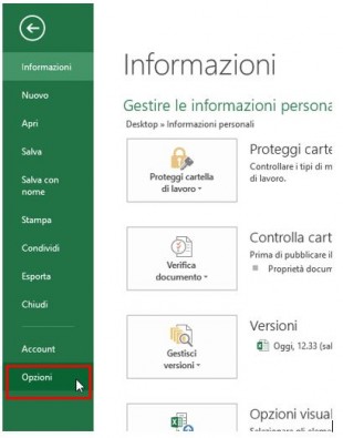 Cliccate su Opzioni nel menu FILE per visualizzare la finestra di dialogo Opzioni