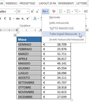 Cliccate su Maiuscole-minuscole per scegliere come modificare le maiuscole